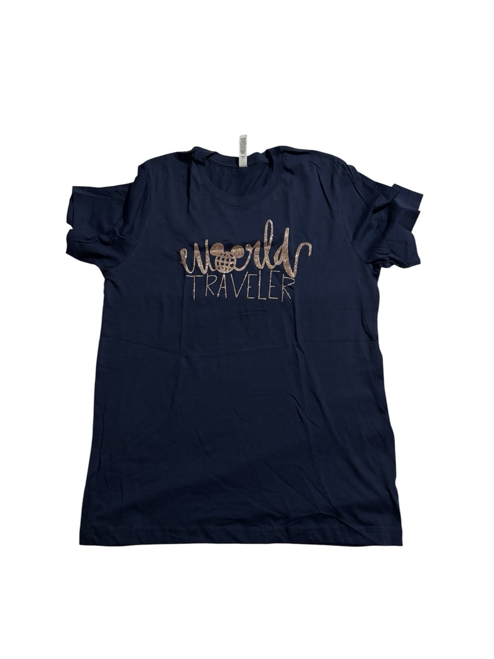 Small Shop Navy Tee with Rose Gold 'World Traveler' Graphic